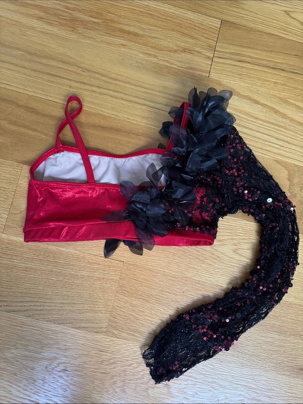 Balera Red  Top with Black Floral Applique & Sequin Lace Sleeve, MA